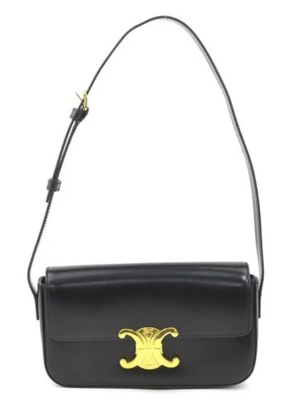 Auth CELINE Triomphe Shoulder Bag Black Leather/Goldtone - 90137g